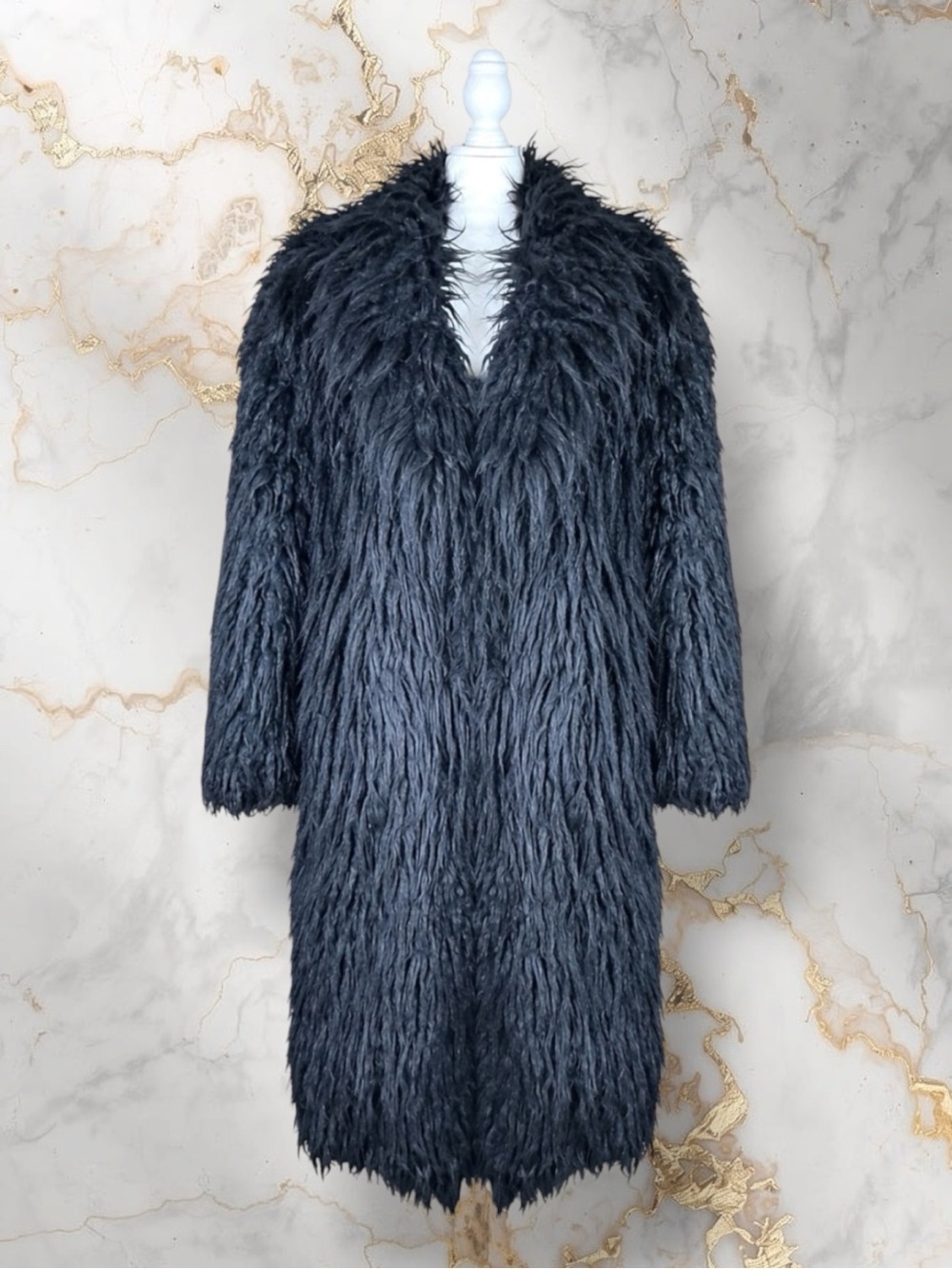 Urban Outfitters Kimchi Blue Coat Black Faux Fur Shaggy Longline Glam L NWOT